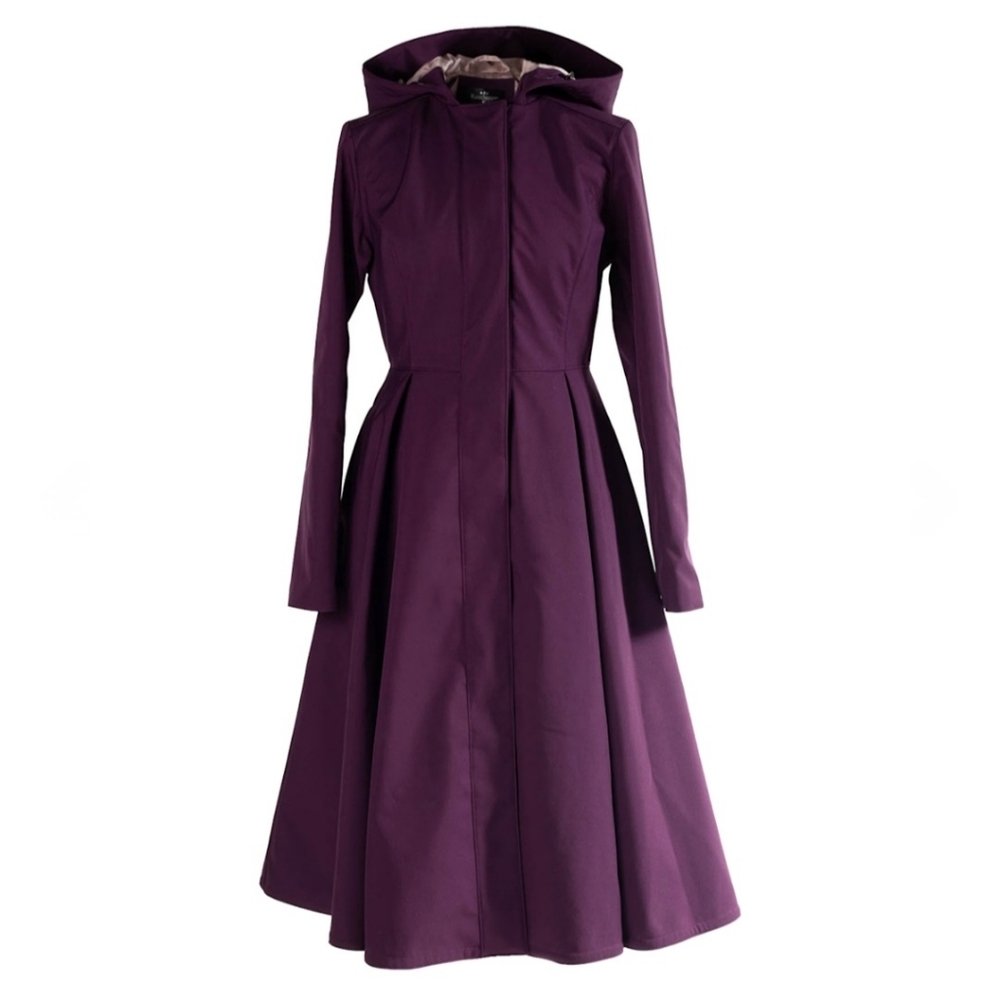 RainSisters Fit and Flare Coat with Pleated Skirts in Dark Purple | Ruby Purple
